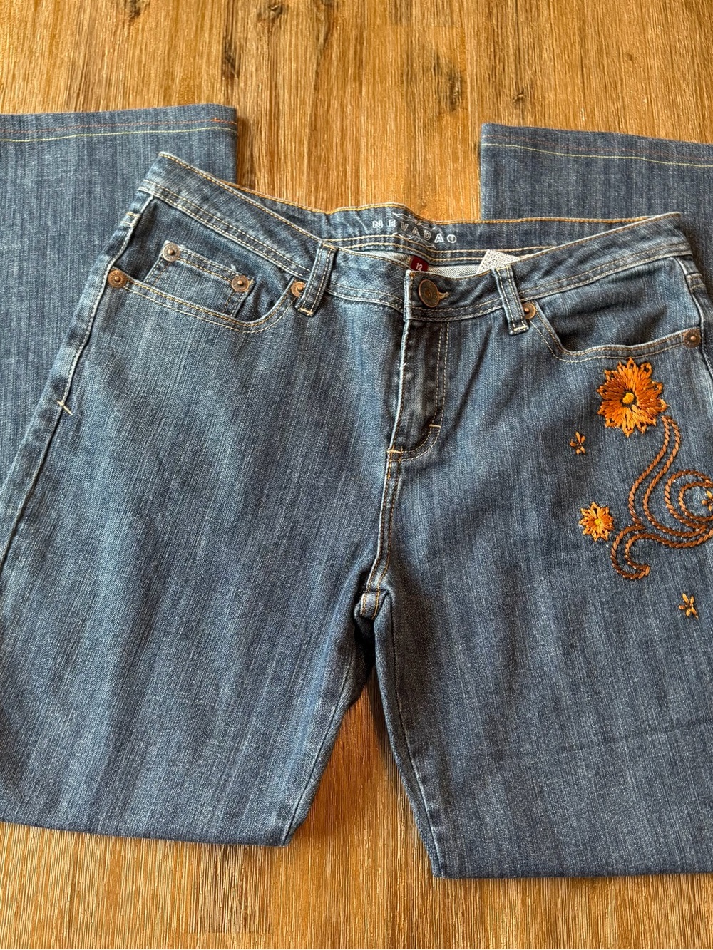 Women’s Blue Denim Jeans with Orange Floral Embroidery size 12